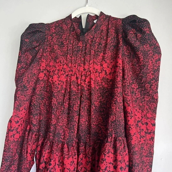 Topshop Size 2 Tiered Hem Long Puff Sleeve Shift Mini Dress Floral Red Black NEW - Picture 10 of 11